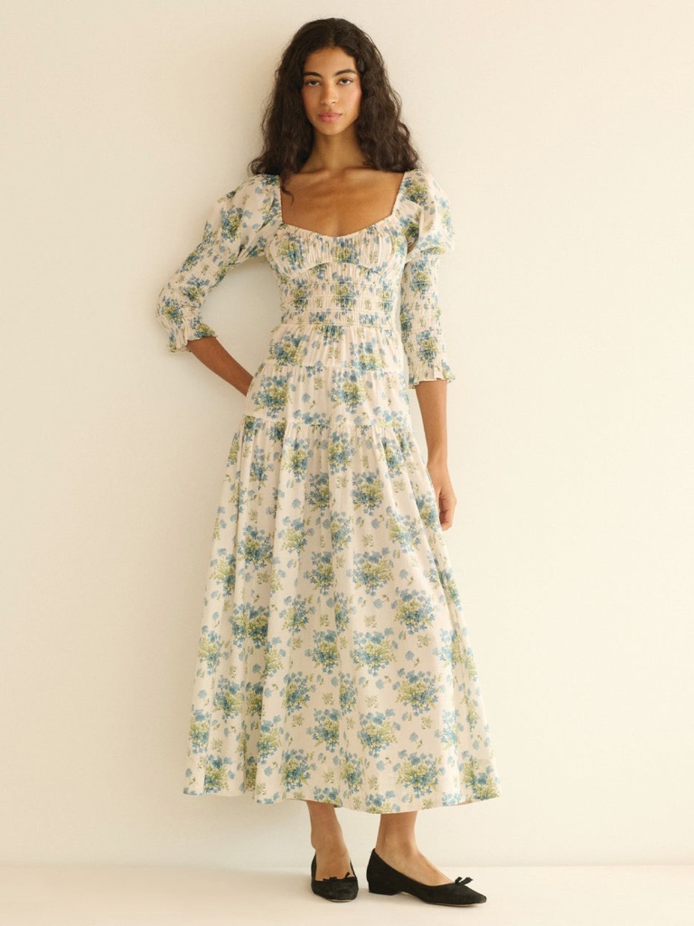 Doen Cream Maxi Dress with Blue Floral Print